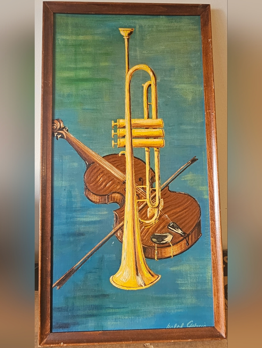 VTG Signed Oil Painting Mid Century Modern Trumpet & Violin Jazz Art Music Decor